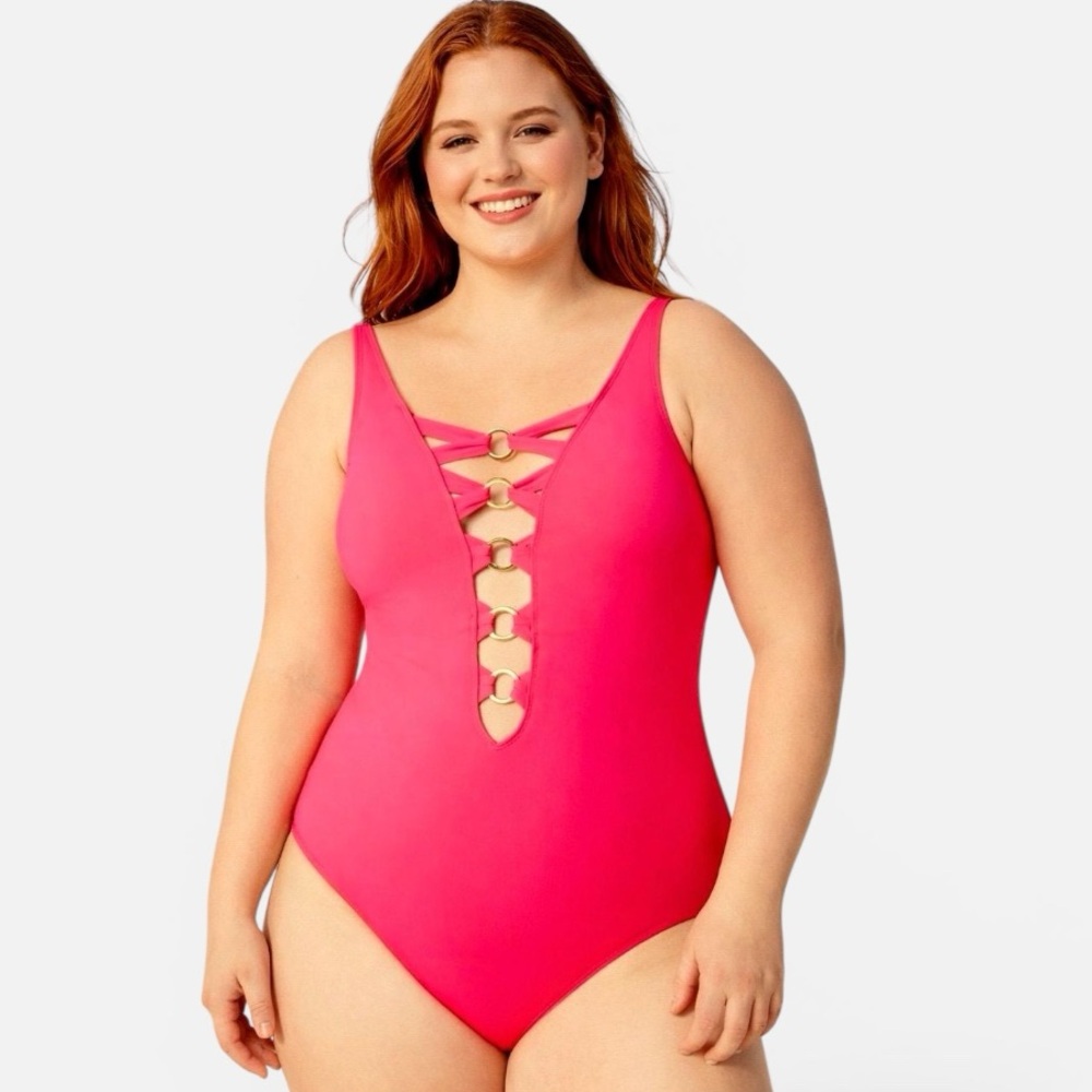 Bleu Rod Beattie Ring Me Up Swimsuit Goldtone Ring Twist Accent Pink Sz 20W NWT